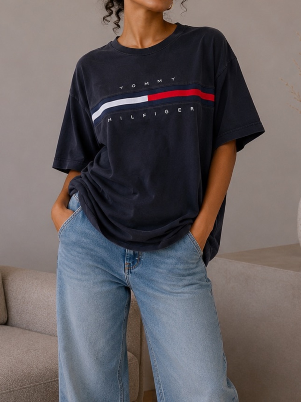 Tommy Hilfiger Black Short Sleeve Logo Stripe Tee